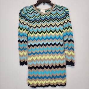 Hanna Andersson Chevron Sweater Dress Girls 140 10 Blue Green Knit Lined Crochet